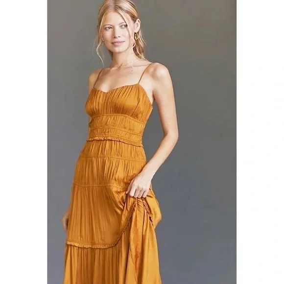 Anthropologie Ruched Tiered Satin Slip Midi Dress